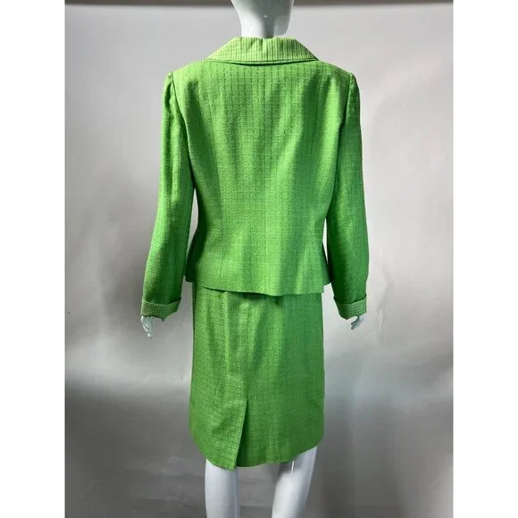 Vintage George Simonton Green Womens Suit Set Size 14 100% Silk With Acetate Lin